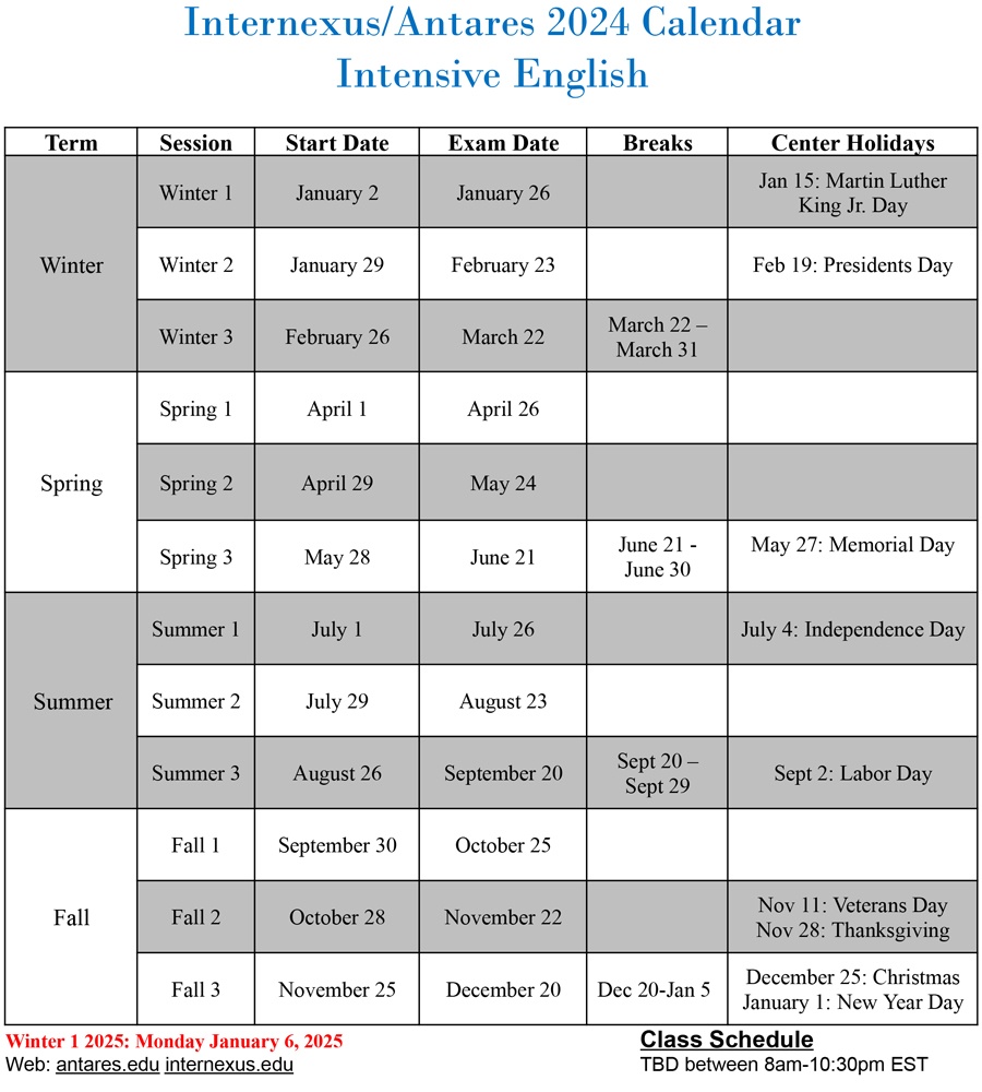 calendrier anglais intensif